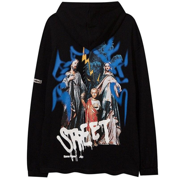 Hoodie Men Inkjet Letter Retro Portrait Print Pullovers High Street All-match Casual Coats Baggy Cozy Couple Streetwear