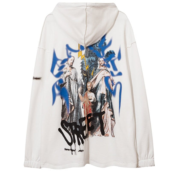 Hoodie Men Inkjet Letter Retro Portrait Print Pullovers High Street All-match Casual Coats Baggy Cozy Couple Streetwear