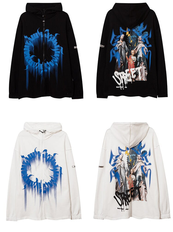 Hoodie Men Inkjet Letter Retro Portrait Print Pullovers High Street All-match Casual Coats Baggy Cozy Couple Streetwear