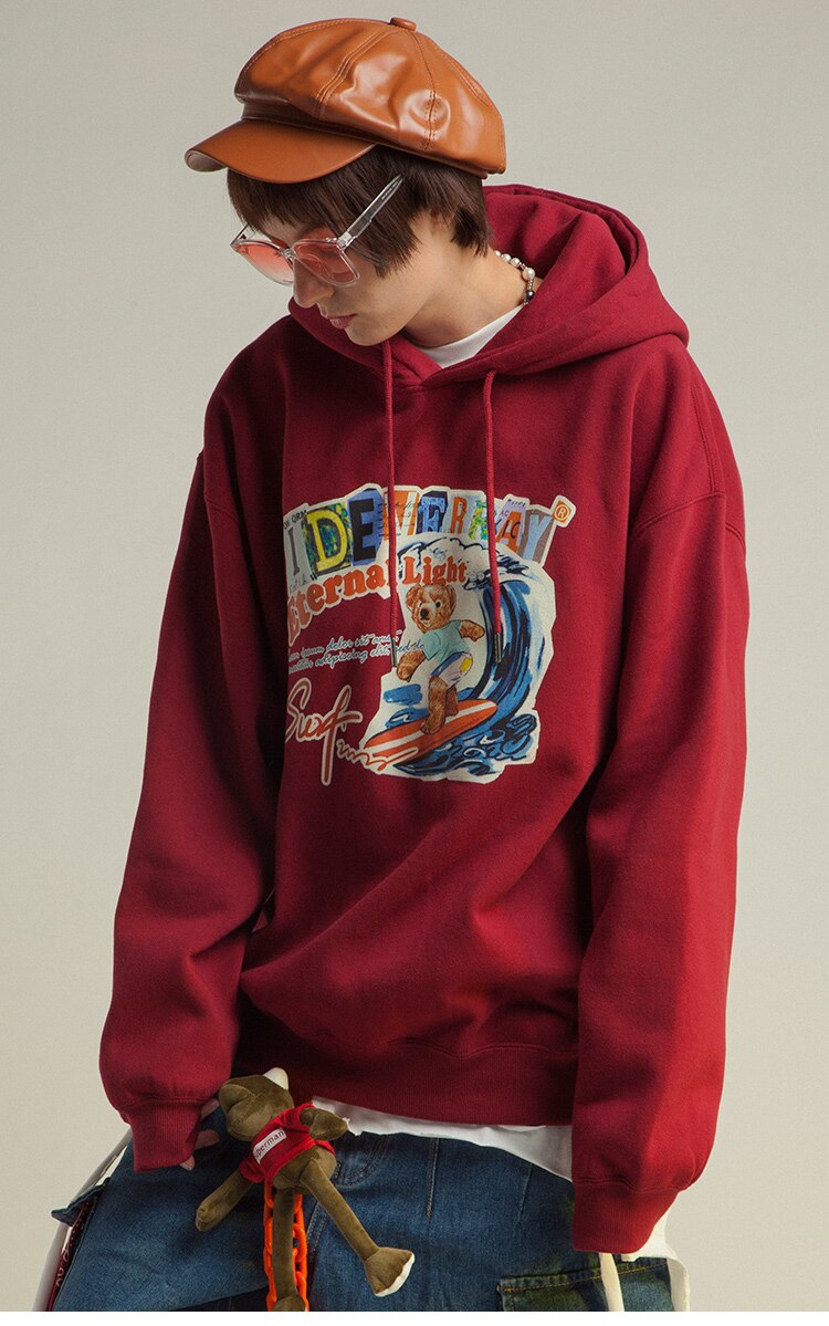 Men Funny Cartoon Bear Colorful Letter Print Sweatshirt Couple High Street College Style Pullover Men Streetwear