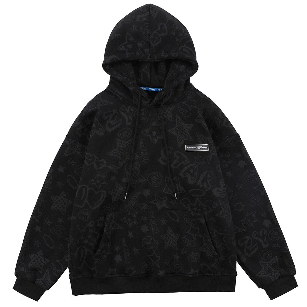 Hoodie Men Cute Funny Letter Star Graffiti Fleece Pullovers College Style All-match Casual Loose Tops Streetwear Couple