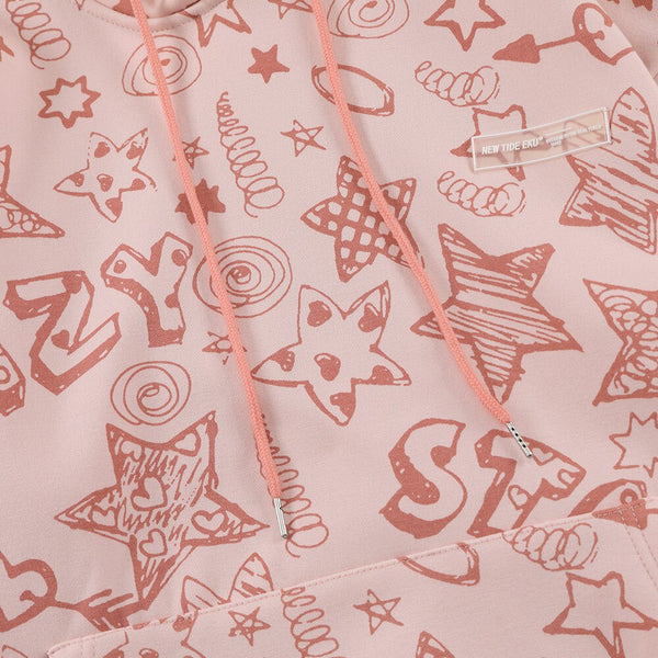 Hoodie Men Cute Funny Letter Star Graffiti Fleece Pullovers College Style All-match Casual Loose Tops Streetwear Couple