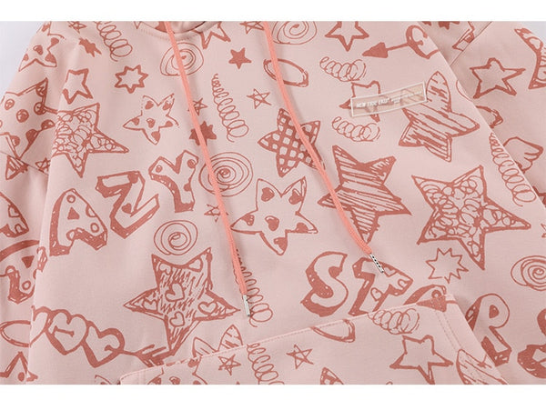Hoodie Men Cute Funny Letter Star Graffiti Fleece Pullovers College Style All-match Casual Loose Tops Streetwear Couple