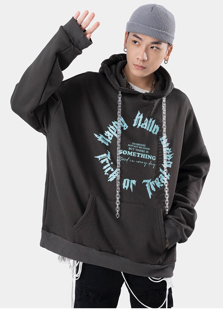 Hoodie Men Harajuku Letter Fleece Warm Pullover Vintage Punk Hipster Distressed Tops Casual Fashion Oversize Streetwear