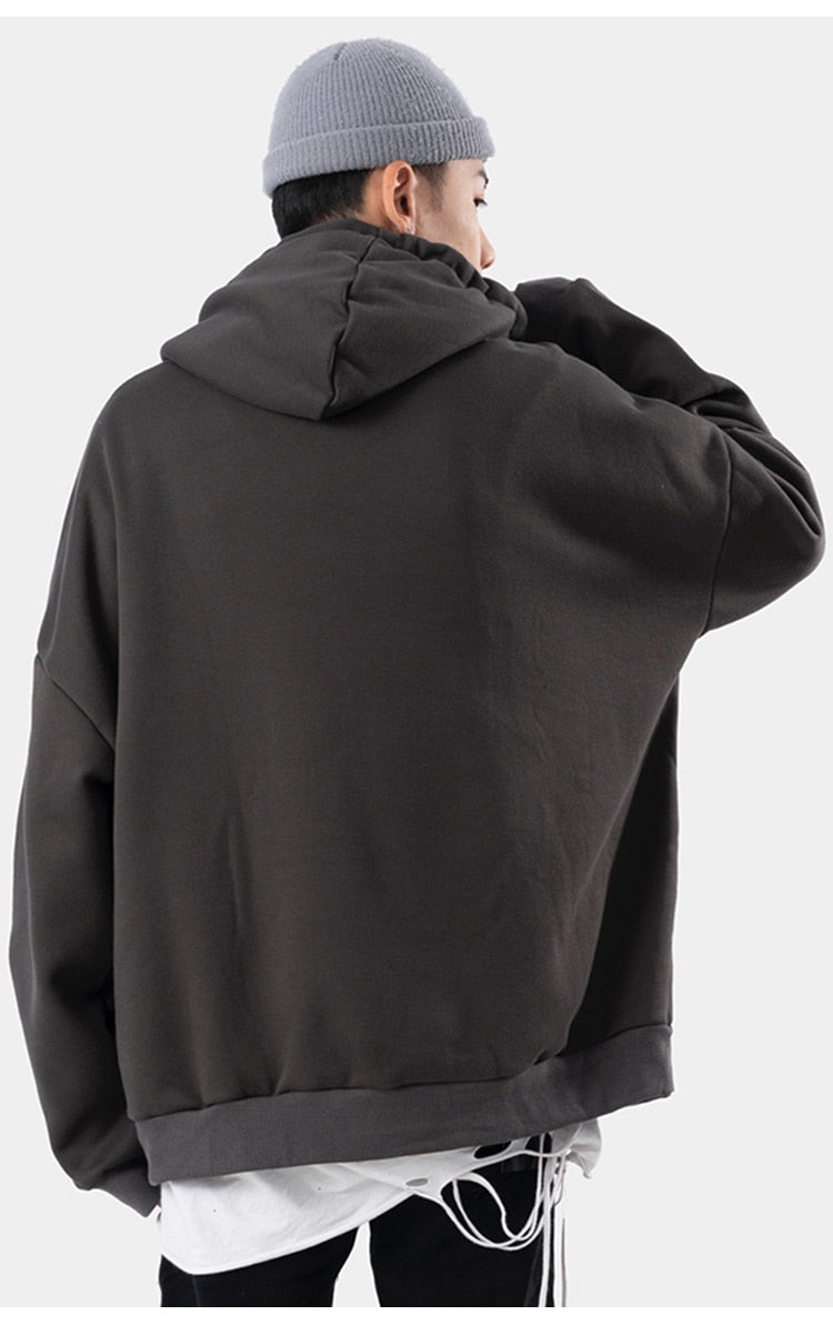 Hoodie Men Harajuku Letter Fleece Warm Pullover Vintage Punk Hipster Distressed Tops Casual Fashion Oversize Streetwear