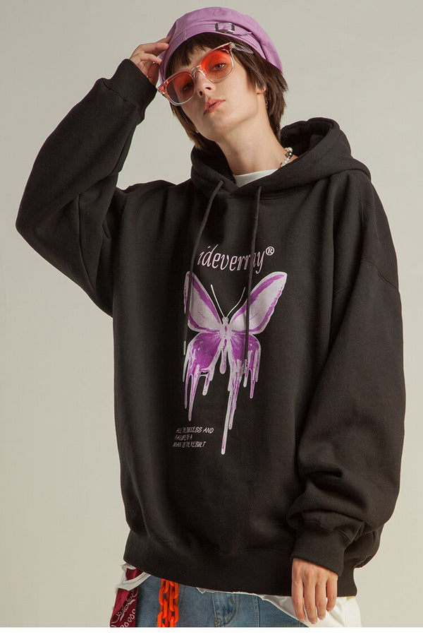 Hoodie Men Purple Gradient Butterfly Letter Printed Pullover Winter Oversize Hip Hop Fashion Harajuku Sweatshirt Winter