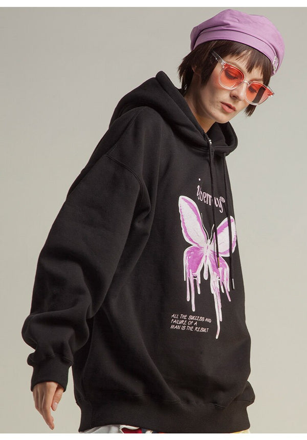 Hoodie Men Purple Gradient Butterfly Letter Printed Pullover Winter Oversize Hip Hop Fashion Harajuku Sweatshirt Winter
