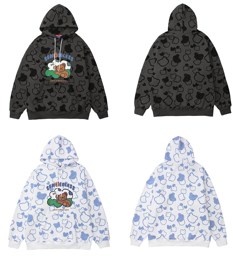 Hoodies Men Cute Bear Harajuku Letter Big Pockets Fleece Pullovers Hipster High Street Tops Oversize Couple Streetwear