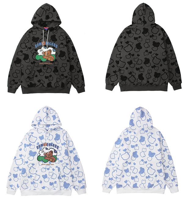 Hoodies Men Cute Bear Harajuku Letter Big Pockets Fleece Pullovers Hipster High Street Tops Oversize Couple Streetwear