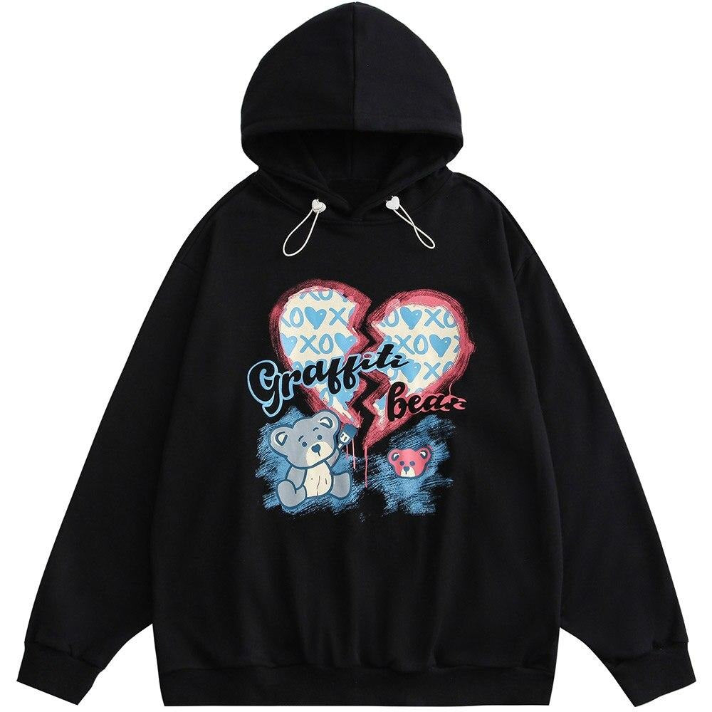 Hoodie Men Ripped Heart Graffiti Bear Print Pullover Loose Drawstring Hooded Cartoon Harajuku Hip Hop Streetwear Couple