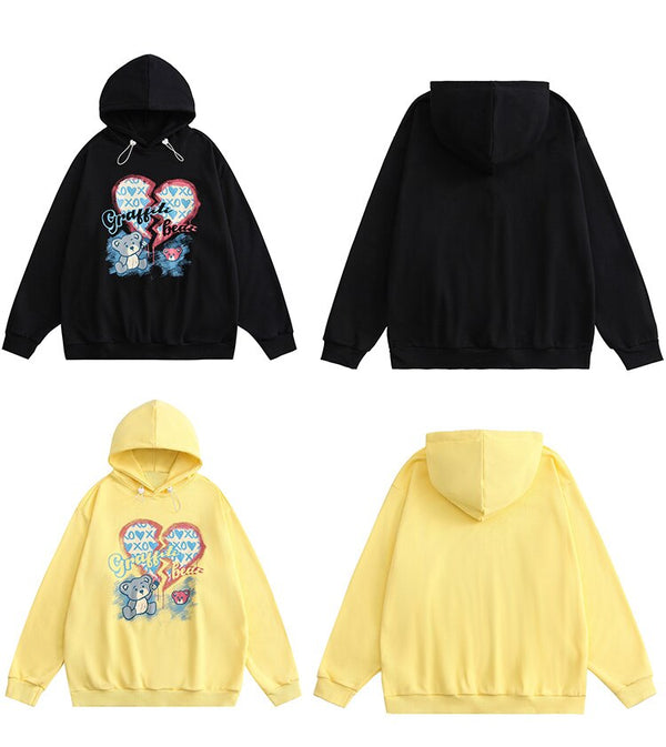 Hoodie Men Ripped Heart Graffiti Bear Print Pullover Loose Drawstring Hooded Cartoon Harajuku Hip Hop Streetwear Couple