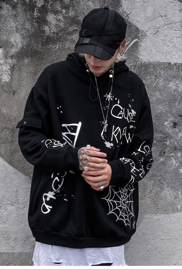 Hoodie Men Harajuku Letter Inkjet Heart-shaped Net Print Pullovers Hipster Casual Retro Varsity Hip Hop Tops Streetwear