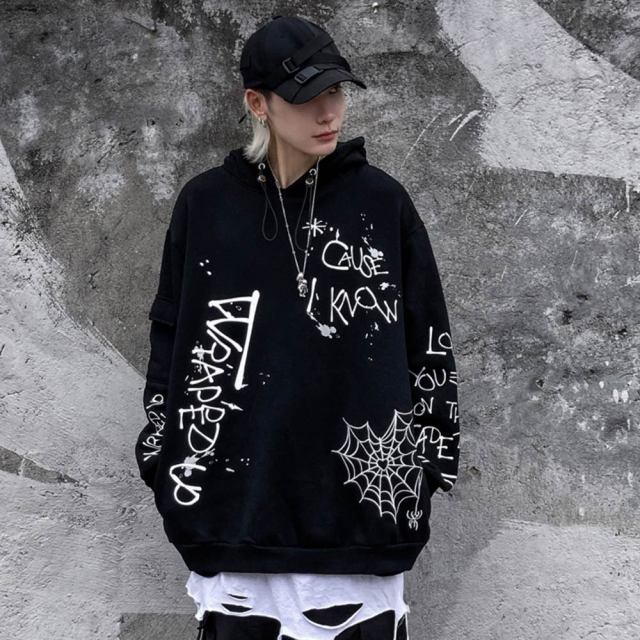 Hoodie Men Harajuku Letter Inkjet Heart-shaped Net Print Pullovers Hipster Casual Retro Varsity Hip Hop Tops Streetwear