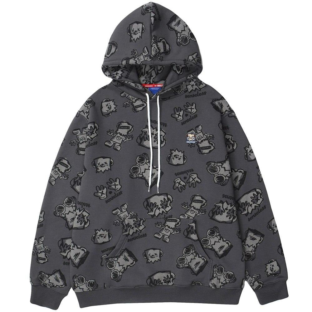 Hoodie Men Japanese Cartoon Print Fleece Hooded Pullover Oversize Harajuku Vintage High Street Couple Sweatshirt Autumn