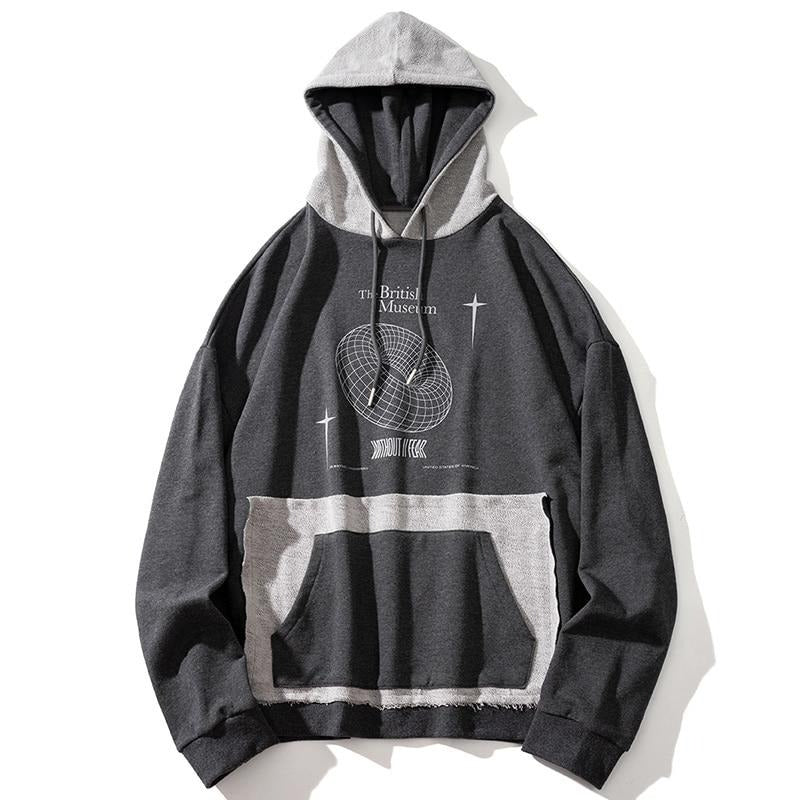 Hoodie Men Hit Color Patches Big Pocket Pullovers Loose Retro Distressed Punk Hipster High Street Sweatshirt Streetwear