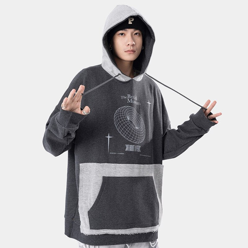 Hoodie Men Hit Color Patches Big Pocket Pullovers Loose Retro Distressed Punk Hipster High Street Sweatshirt Streetwear