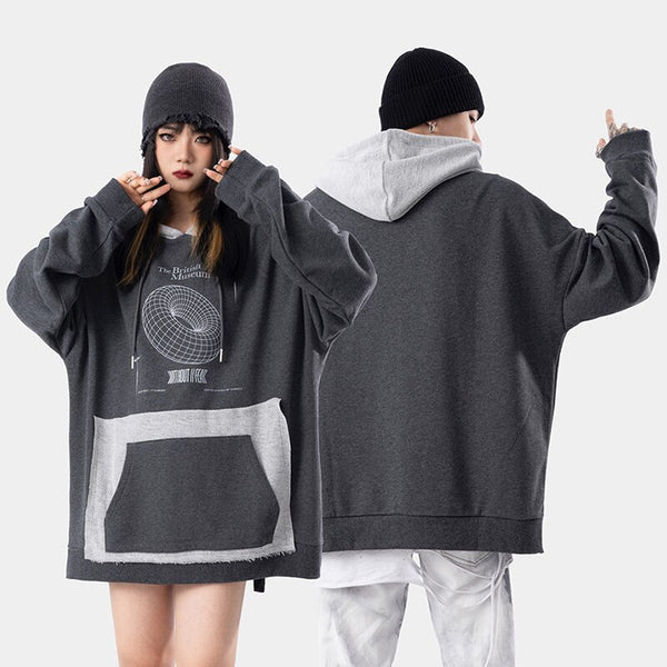 Hoodie Men Hit Color Patches Big Pocket Pullovers Loose Retro Distressed Punk Hipster High Street Sweatshirt Streetwear
