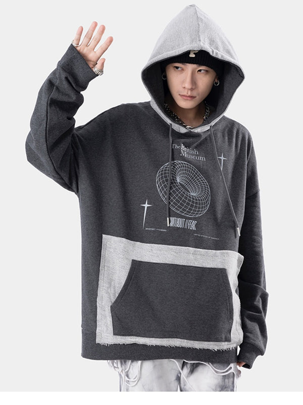 Hoodie Men Hit Color Patches Big Pocket Pullovers Loose Retro Distressed Punk Hipster High Street Sweatshirt Streetwear