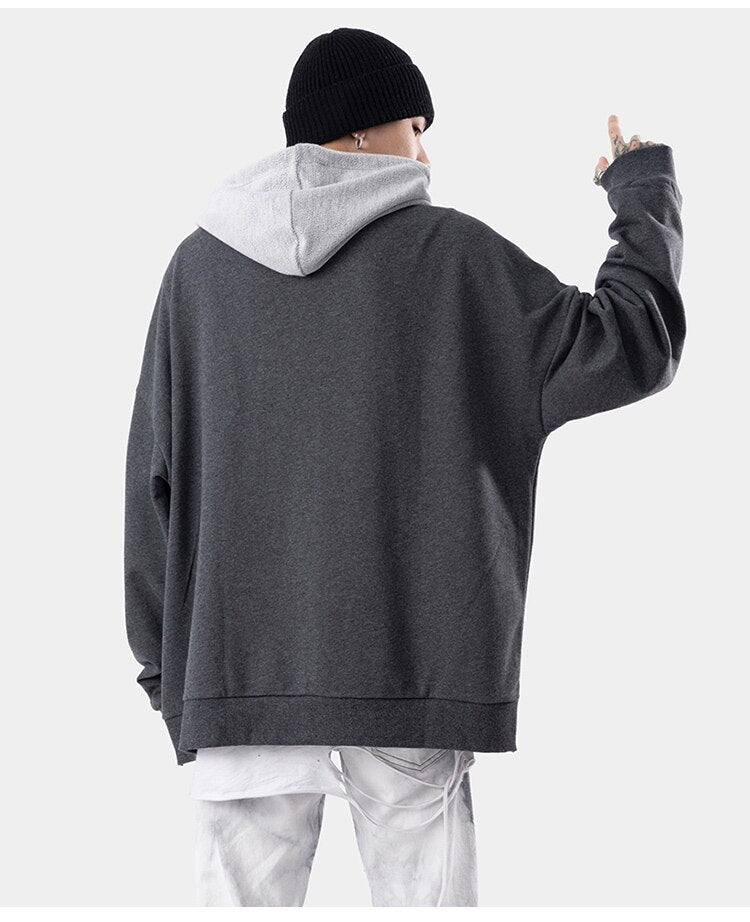 Hoodie Men Hit Color Patches Big Pocket Pullovers Loose Retro Distressed Punk Hipster High Street Sweatshirt Streetwear