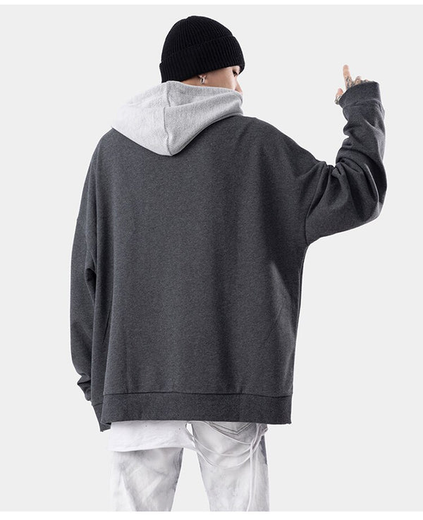 Hoodie Men Hit Color Patches Big Pocket Pullovers Loose Retro Distressed Punk Hipster High Street Sweatshirt Streetwear