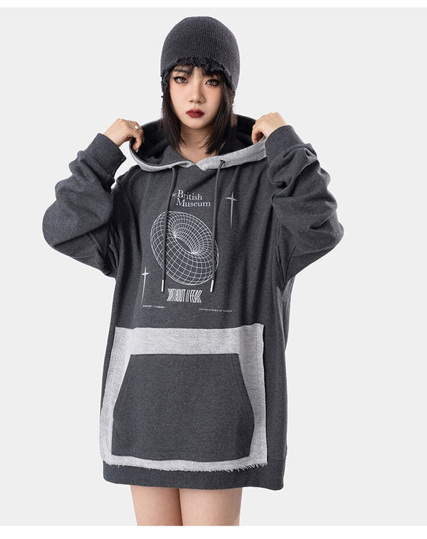 Hoodie Men Hit Color Patches Big Pocket Pullovers Loose Retro Distressed Punk Hipster High Street Sweatshirt Streetwear