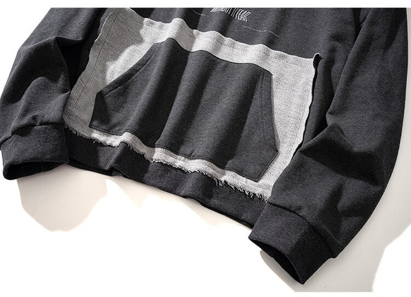 Hoodie Men Hit Color Patches Big Pocket Pullovers Loose Retro Distressed Punk Hipster High Street Sweatshirt Streetwear