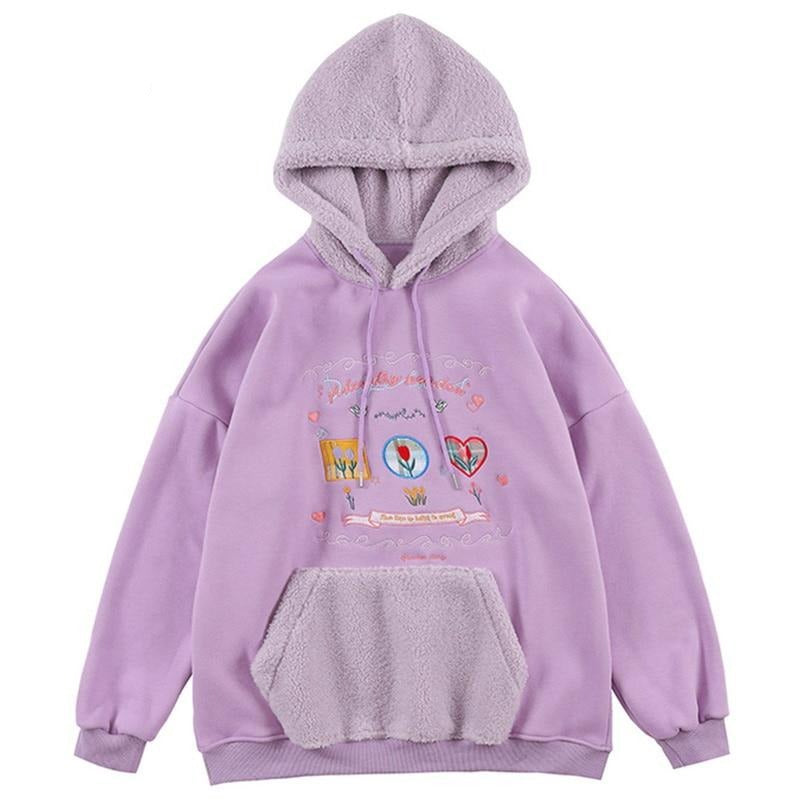 Hoodie Men Furry Patchwork Big Pockets Letter Graphic Embroidery Hooded Pullovers Casual Youthful Vitality Tops Couple