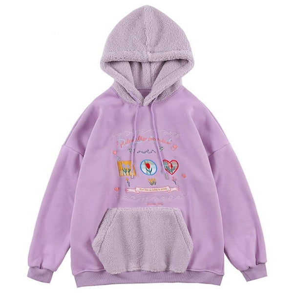 Hoodie Men Furry Patchwork Big Pockets Letter Graphic  Embroidery Hooded Pullovers Casual Youthful Vitality Tops Couple