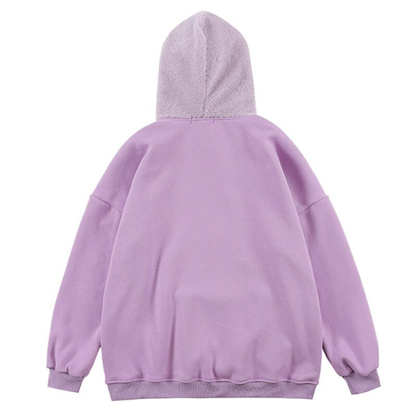 Hoodie Men Furry Patchwork Big Pockets Letter Graphic  Embroidery Hooded Pullovers Casual Youthful Vitality Tops Couple