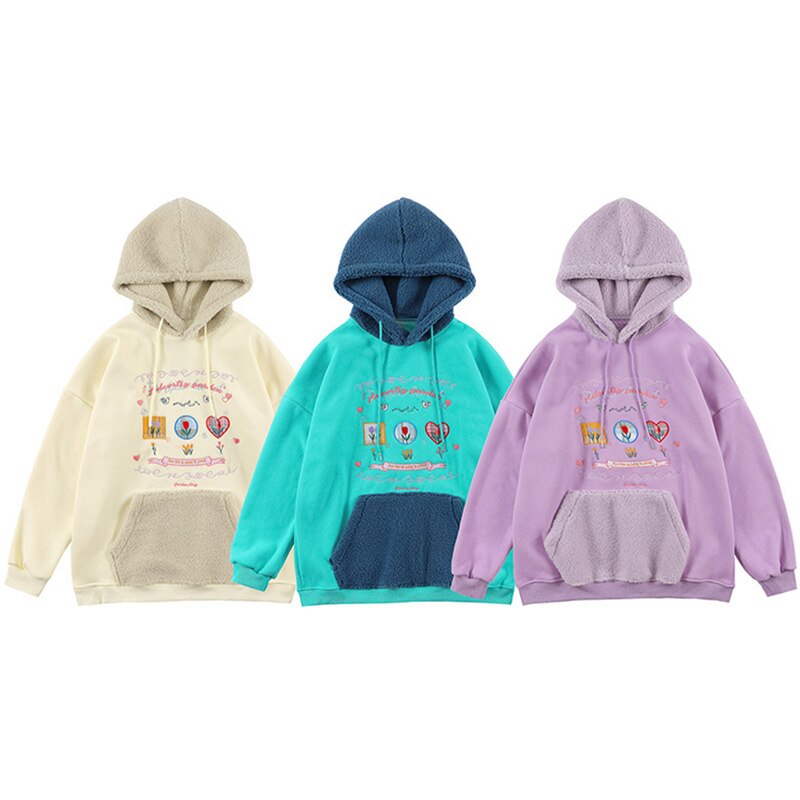 Hoodie Men Furry Patchwork Big Pockets Letter Graphic Embroidery Hooded Pullovers Casual Youthful Vitality Tops Couple
