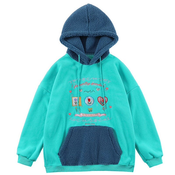 Hoodie Men Furry Patchwork Big Pockets Letter Graphic  Embroidery Hooded Pullovers Casual Youthful Vitality Tops Couple