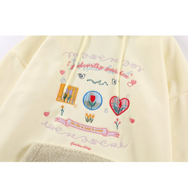 Hoodie Men Furry Patchwork Big Pockets Letter Graphic  Embroidery Hooded Pullovers Casual Youthful Vitality Tops Couple