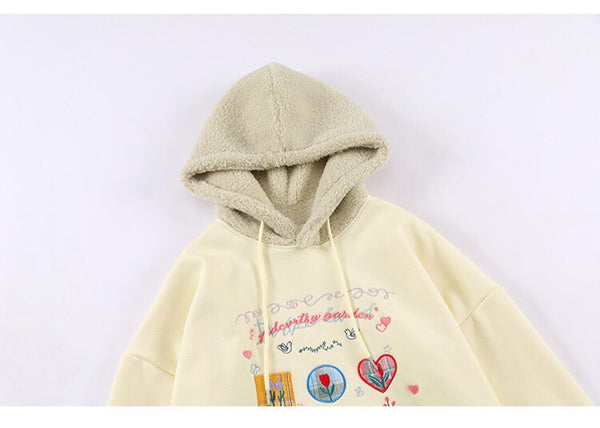 Hoodie Men Furry Patchwork Big Pockets Letter Graphic  Embroidery Hooded Pullovers Casual Youthful Vitality Tops Couple