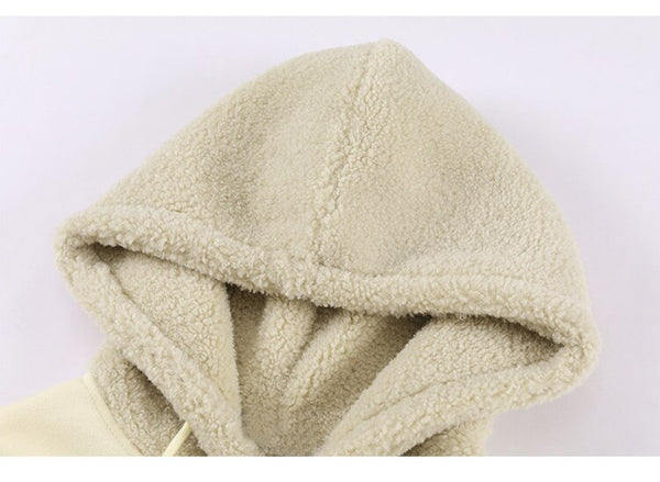 Hoodie Men Furry Patchwork Big Pockets Letter Graphic  Embroidery Hooded Pullovers Casual Youthful Vitality Tops Couple