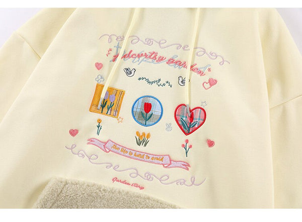 Hoodie Men Furry Patchwork Big Pockets Letter Graphic  Embroidery Hooded Pullovers Casual Youthful Vitality Tops Couple