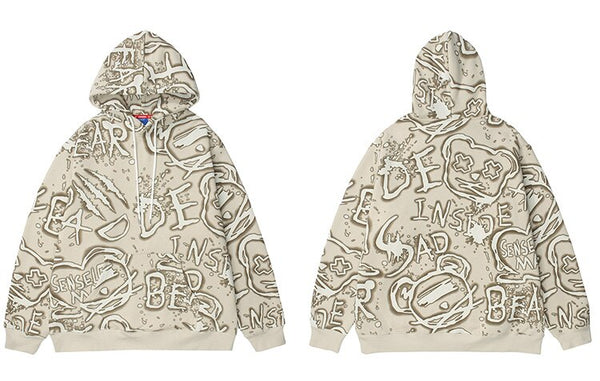 Hoodie Men Harajuku Graffiti Letter Fleece Pullovers Hipster College Style Japanese Retro Casual Tops Couple Streetwear