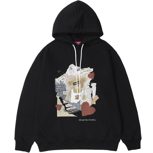 Hoodies Men Tearing Newspaper Cute Bear Print Pullovers High Street Style Hipster Casual Tops Loose Unisex Streetwear