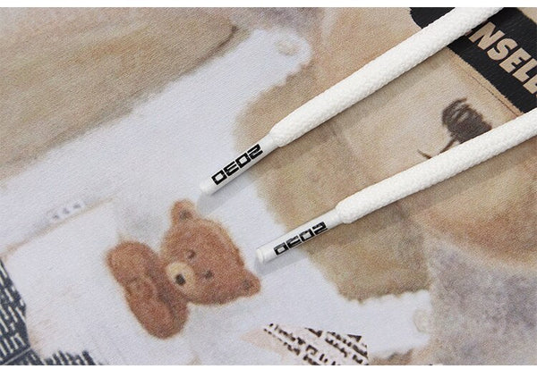 Hoodies Men Tearing Newspaper Cute Bear Print Pullovers High Street Style Hipster Casual Tops Loose Unisex Streetwear