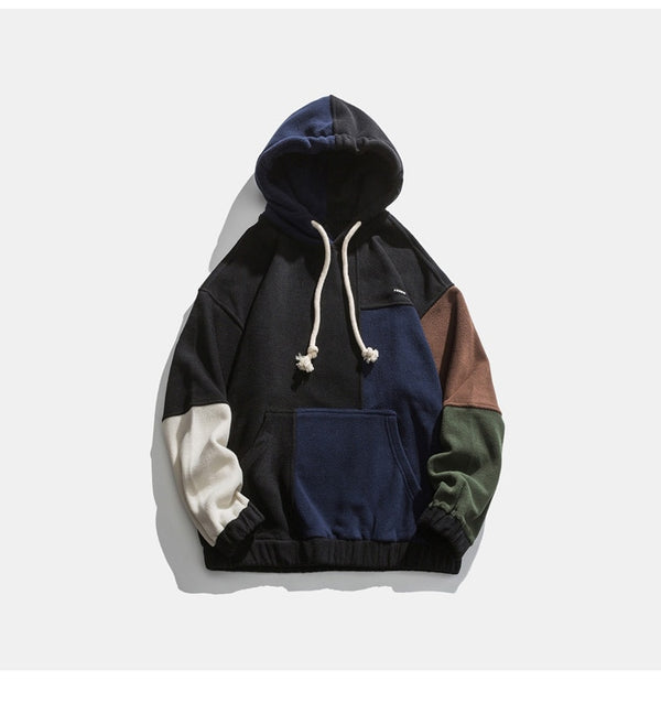 Hoodie Men Color Block Patchwork Graphic Embroidery Pullovers Soft Warm Japanese Retro Fashion Casual Couple Streetwear