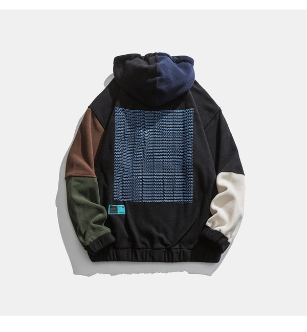 Hoodie Men Color Block Patchwork Graphic Embroidery Pullovers Soft Warm Japanese Retro Fashion Casual Couple Streetwear