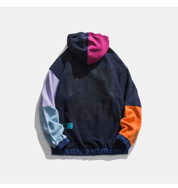 Hoodie Men Color Block Patchwork Graphic Embroidery Pullovers Soft Warm Japanese Retro Fashion Casual Couple Streetwear