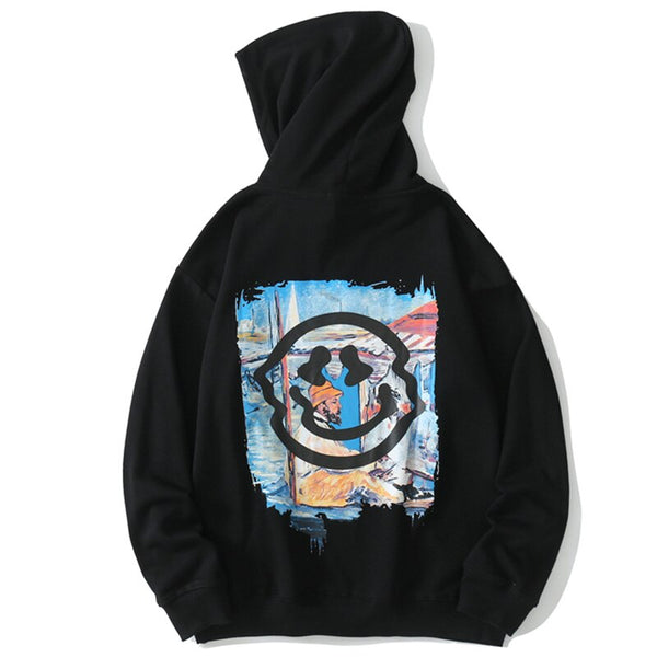 Hoodie Men Colorful Funny Illustration Print Hooded Pullovers Japanese High Street Hipster Sweatshirt Couple Streetwear