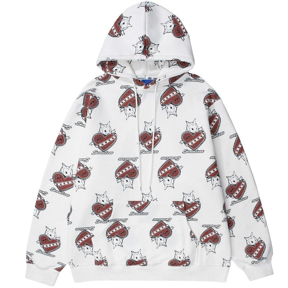 Hoodie Men Cute Cartoon Animal Full Printed Pullover College Style All-match Casual Coats Baggy Cozy Couple Streetwear
