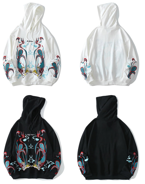 Hoodie Men Chinese Vintage Dunhuang Embroidery Sweatshirt Folk-custom Hipster Casual Cozy Hooded Tops Couple Streetwear