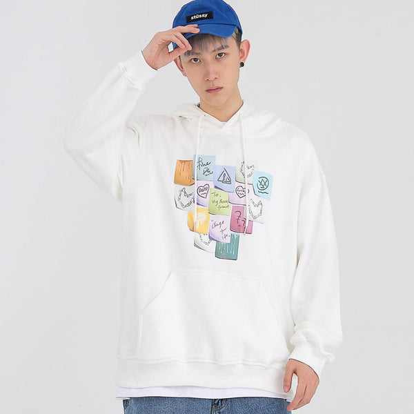 Hoodie Men Colorful Funny Notes Print Hooded Pullover Autumn Casual Loose Multicolor Harajuku Fashion Streetwear Couple