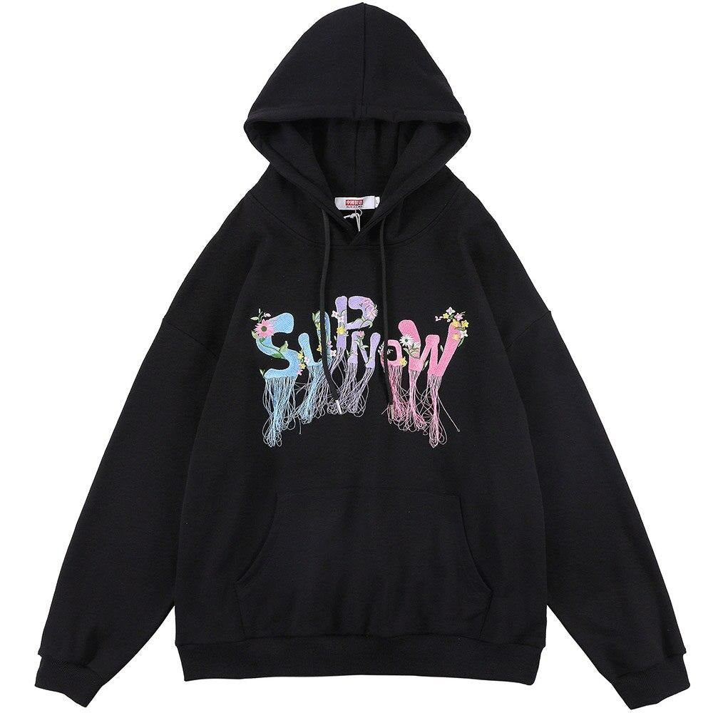 Hoodie Men Flowers Embroidery Tassel Hooded Pullover Autumn Casual Baggy Hip Hop Harajuku Sweatshirts Couple Streetwear