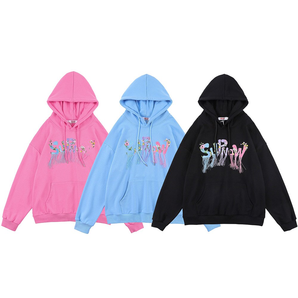 Hoodie Men Flowers Embroidery Tassel Hooded Pullover Autumn Casual Baggy Hip Hop Harajuku Sweatshirts Couple Streetwear