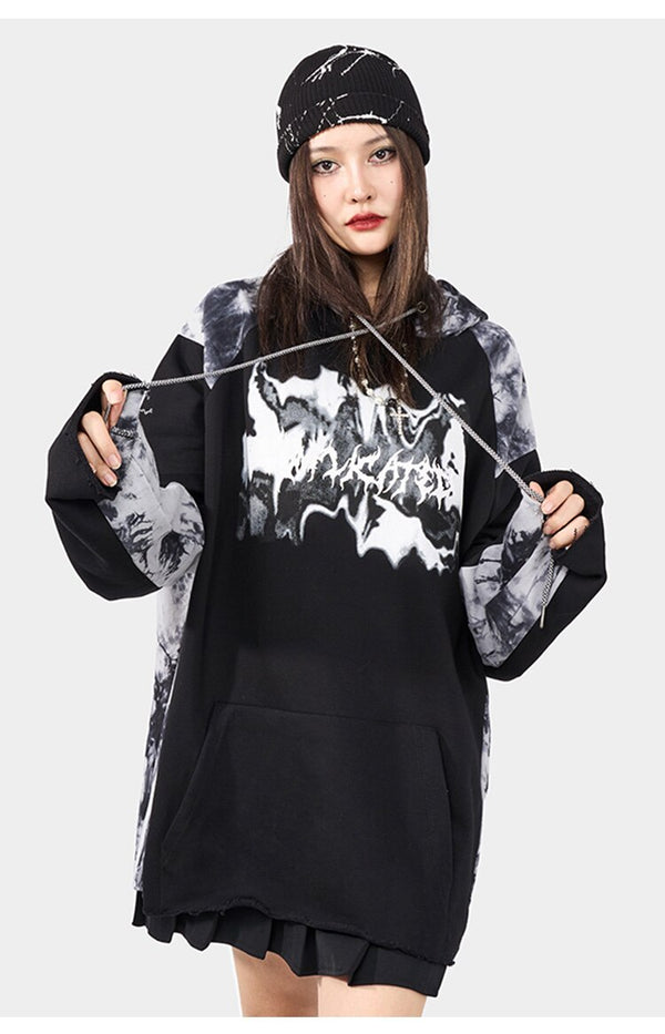 Punk Letter Tie Dye Printed Patchwork Hoodie Men Casual Hip Hop Hipster High Street Oversize Pullover Couple Streetwear