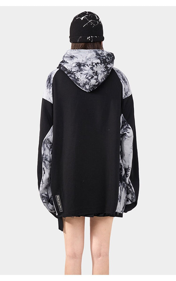 Punk Letter Tie Dye Printed Patchwork Hoodie Men Casual Hip Hop Hipster High Street Oversize Pullover Couple Streetwear