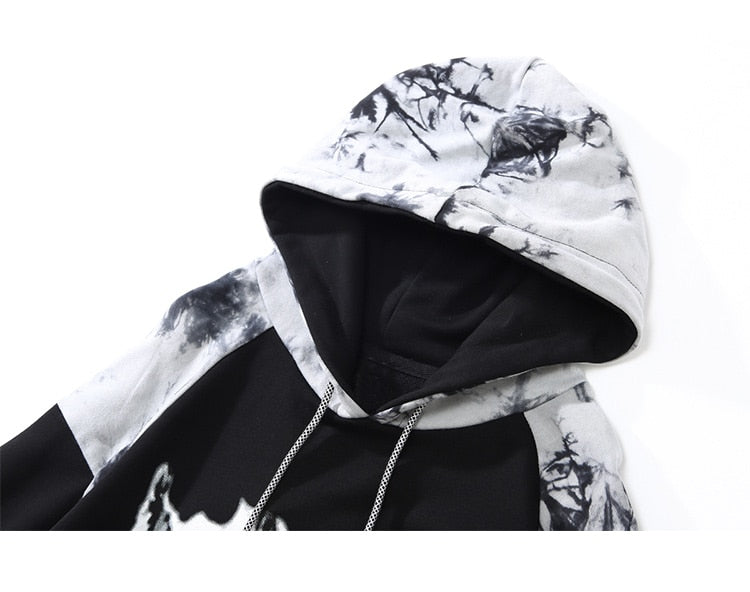 Punk Letter Tie Dye Printed Patchwork Hoodie Men Casual Hip Hop Hipster High Street Oversize Pullover Couple Streetwear